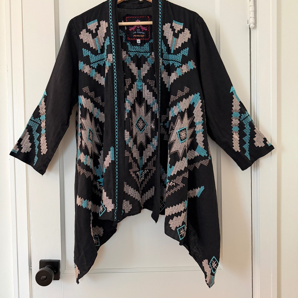 Johnny Was Black Linen Embroidered Western Aztec Open Kimono Cardigan Jacket M